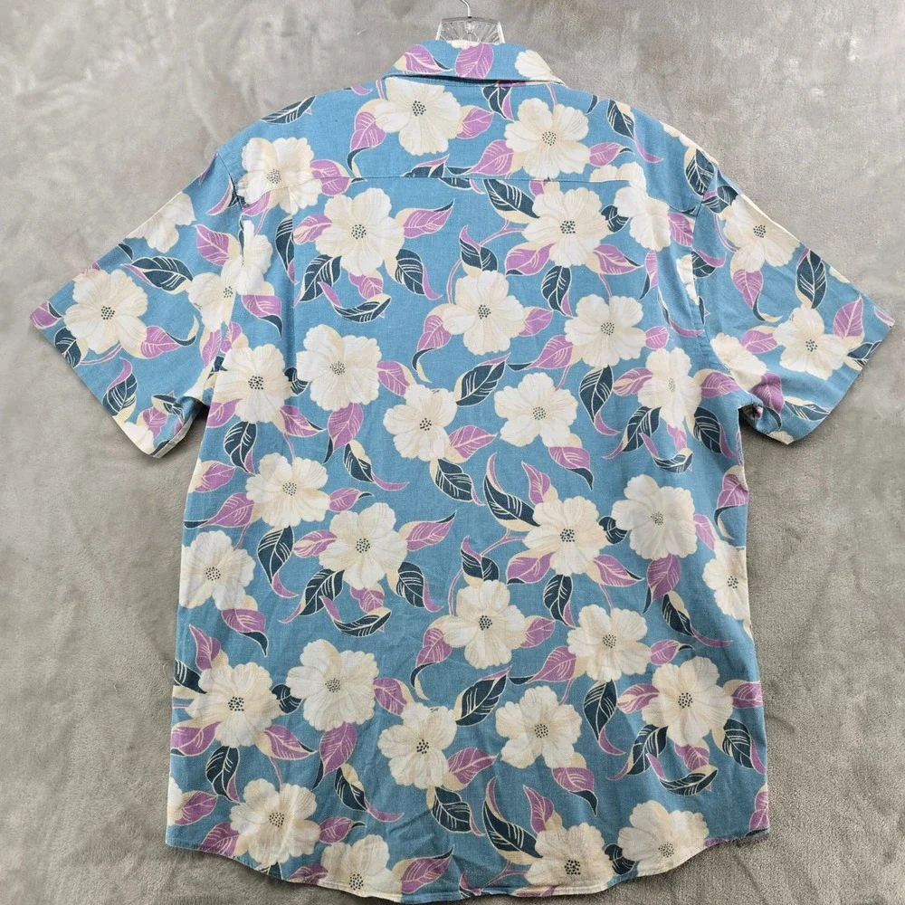 Faherty Button Down Shirt Mens Large Blue Hawaiian Floral Hemp Short Sleeve - Picture 3 of 8